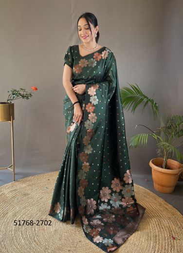 Bottle Green Woven Soft Silk Saree For Traditional / Religious Occasions