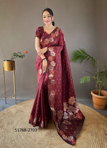 Wine Woven Soft Silk Saree For Traditional / Religious Occasions