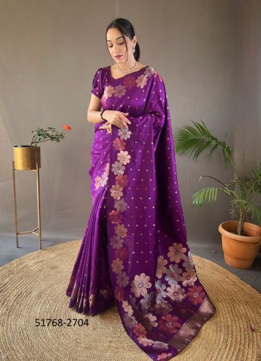 Purple Woven Soft Silk Saree For Traditional / Religious Occasions