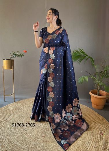 Navy Blue Woven Soft Silk Saree For Traditional / Religious Occasions