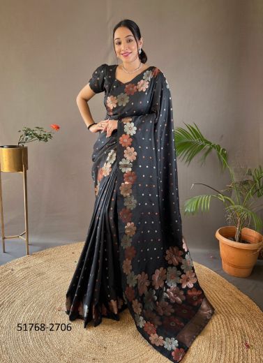 Black Woven Soft Silk Saree For Traditional / Religious Occasions