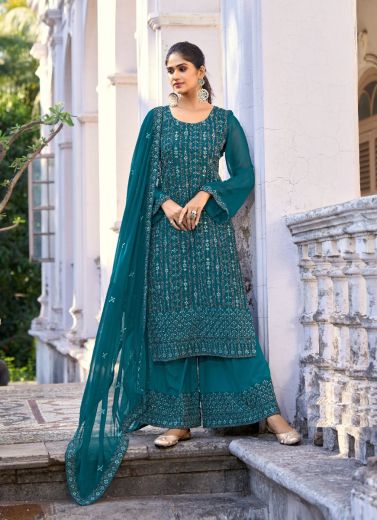 Teal Blue Silk Sequins & Embroidery Work Plus-Size Salwar Kameez