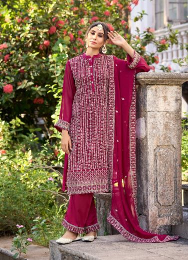 Wine Red Silk Sequins & Embroidery Work Plus-Size Salwar Kameez