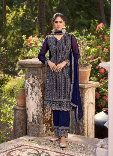 Dark Blue Silk Sequins & Embroidery Work Plus-Size Salwar Kameez