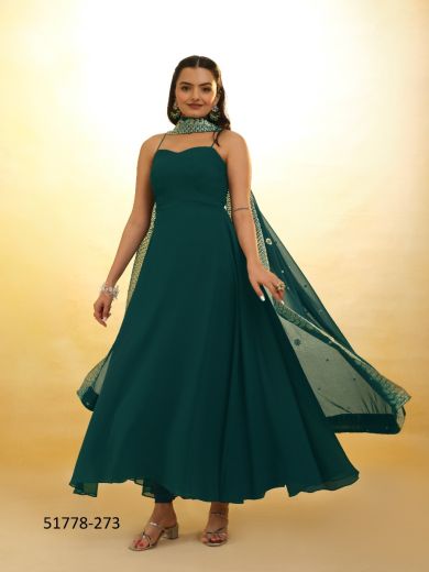 Teal Green Georgette Embroidered Party-Wear Trending Readymade Sleeveless Salwar Kameez