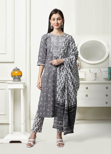 Gray Pure Cambric Cotton Printed Summer-Wear Pant-Bottom Readymade Salwar Kameez