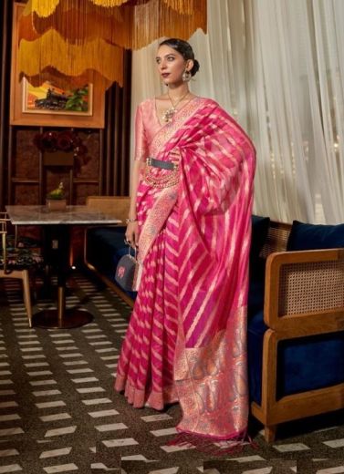 Dark Pink Organza Silk Saree With Meenakari Weaving