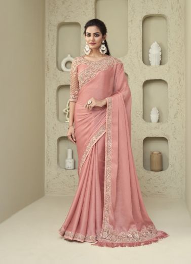 Light Coral Silk Embroidered Party-Wear Boutique-Style Saree