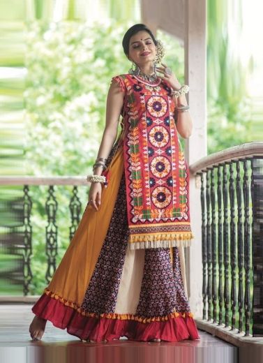 Multicolor Khadi Thread-Work Navratri-Wear Readymade Kurti With Ghagra