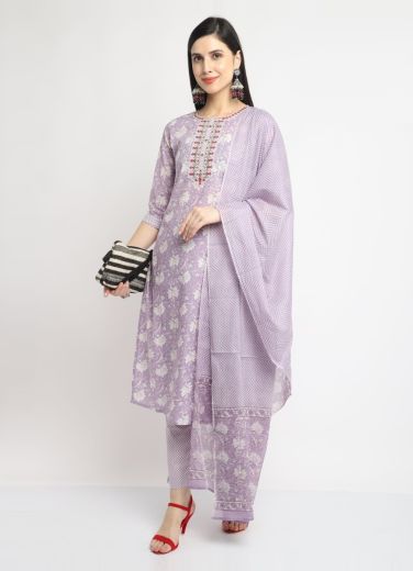 Lilac Pure Cotton Printed Summer-Wear Readymade Pant-Bottom Salwar Kameez