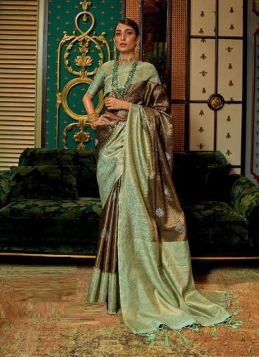 Dark Brown & Light Green Silk Handloom Weaving Festive-Wear Saree