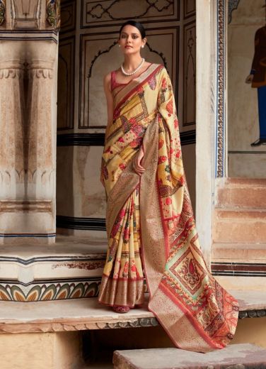 Yellow Soft Silk Printed Saree For Traditional / Religious Occasions