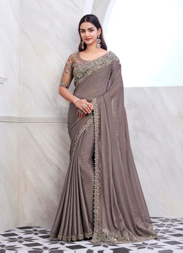 Warm Gray Silk Embroidered Party-Wear Boutique-Style Saree