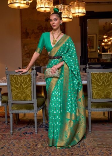 Jade Green Khadi Silk Party Wear Saree With Copper Zari Weaving
