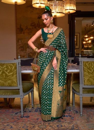 Green Khadi Silk Party Wear Saree With Copper Zari Weaving