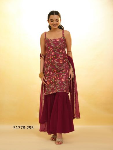 Wine Red Net Embroidered Party-Wear Trending Readymade Sleeveless Salwar Kameez
