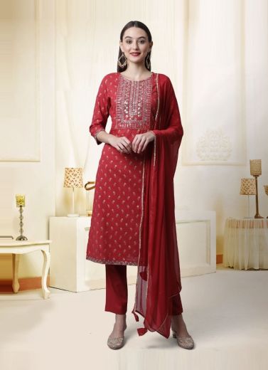 Red Pure Cambric Cotton Printed Summer-Wear Pant-Bottom Readymade Salwar Kameez
