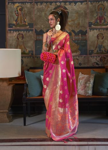 Magenta Satin Handloom Weaving Festive-Wear Saree