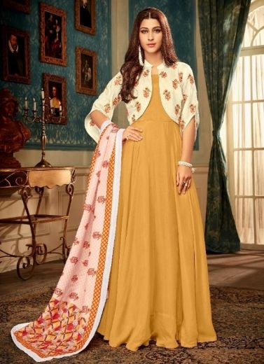 Marigold Jacket Heavy Muslin With Embroidery Readymade Gown With Dupatta
