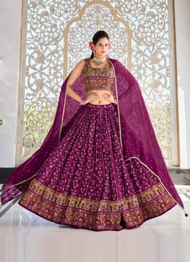 Purple Pure Muslin Embroidered Wedding-Wear Stylish Lehenga Choli