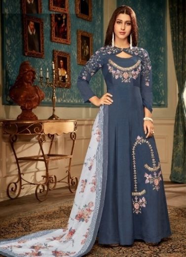 Denim Blue Heavy Muslin With Embroidery Readymade Gown With Dupatta