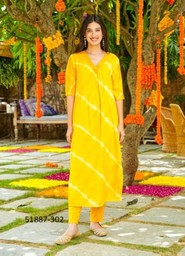 Yellow Muslin Printed Party-Wear Readymade Kurti With Pant