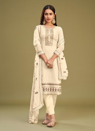 Bone White Georgette Thread-Work Ramadan Special Straight-Cut Salwar Kameez