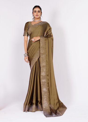 Dark Golden Rangoli Silk Swarovski Work Party-Wear Boutique-Style Saree