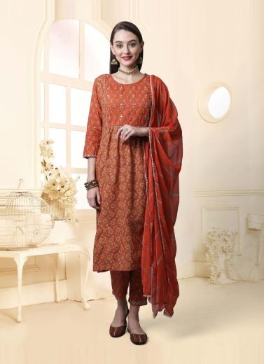 Dark Orange Pure Cambric Cotton Printed Summer-Wear Pant-Bottom Readymade Salwar Kameez