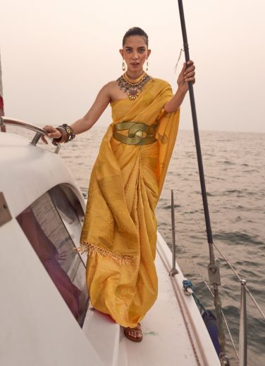 Yellow Satin Handloom Weaving Party-Wear Saree