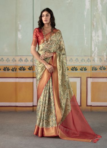 Creamy Yellow Tissue Silk Handloom Digitally Printed Saree For Traditional / Religious Occasions