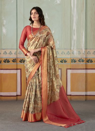 Burlywood Tissue Silk Handloom Digitally Printed Saree For Traditional / Religious Occasions