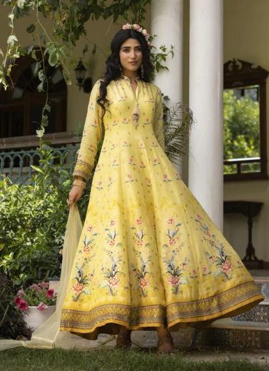 Yellow Dola Jacquard Digitally Printed Gown With Dupatta For Kitty Parties