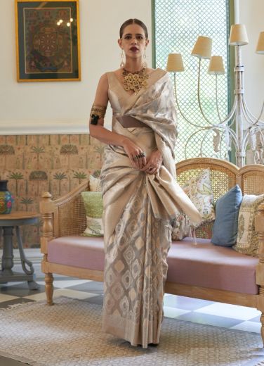 Gray Tissue Handloom Weaving Party-Wear Saree