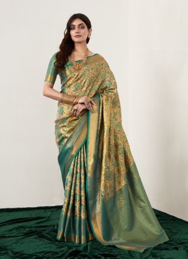 Cream & Teal Green Woven Silk Pattu Saree (Temple-Border) For Traditional / Religious Occasions