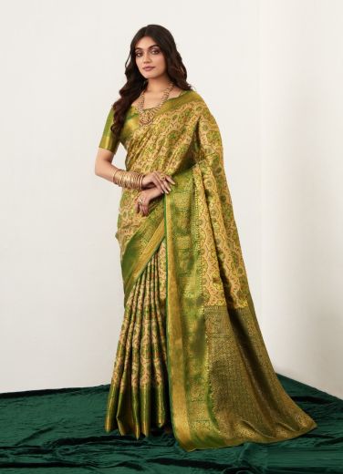 Yellow & Light Green Woven Silk Pattu Saree (Temple-Border) For Traditional / Religious Occasions