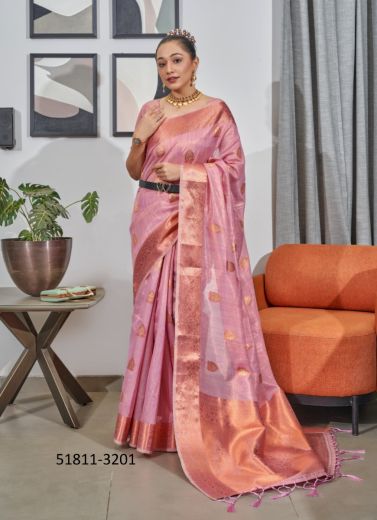 Pink Tissue Woven Jari Silk Saree For Traditional / Religious Occasions
