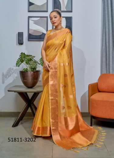 Orange Tissue Woven Jari Silk Saree For Traditional / Religious Occasions