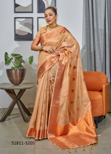 Burlywood Tissue Woven Jari Silk Saree For Traditional / Religious Occasions
