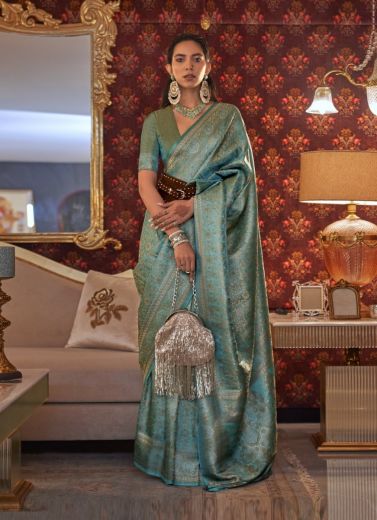 Teal Blue Two-Tone Nylon Silk Saree with Multi-Zari Handloom Weaving