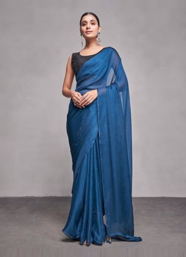 Teal Blue Chiffon Sequins-Work Carnival Saree For Kitty Parties