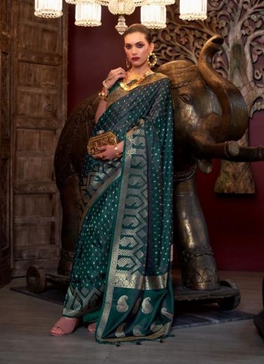 Teal Green Woven Soft Silk Saree For Traditional / Religious Occasions