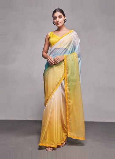 Yellow Organza Shaded Party-Wear Boutique-Style Saree