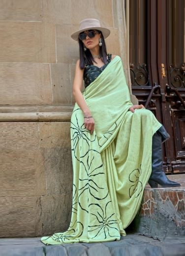 Celadon Satin Digitally Printed Vibrant Saree For Traditional / Religious Occasions