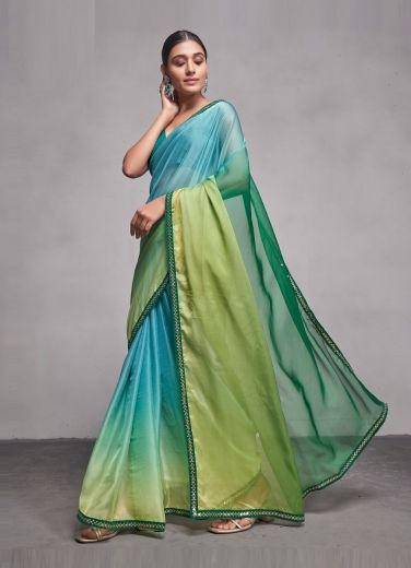 Aqua Organza Shaded Boutique-Style Saree For Kitty Parties