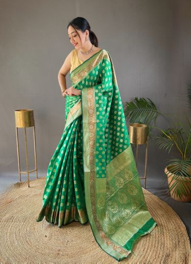 Sea Green Banarasi Silk Woven Saree For Traditional / Religious Occasions