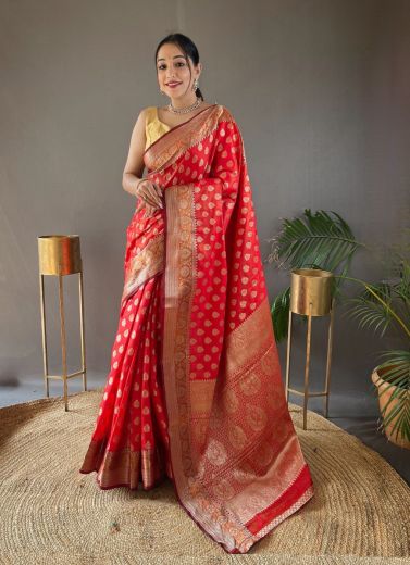 Red Banarasi Silk Woven Saree For Traditional / Religious Occasions