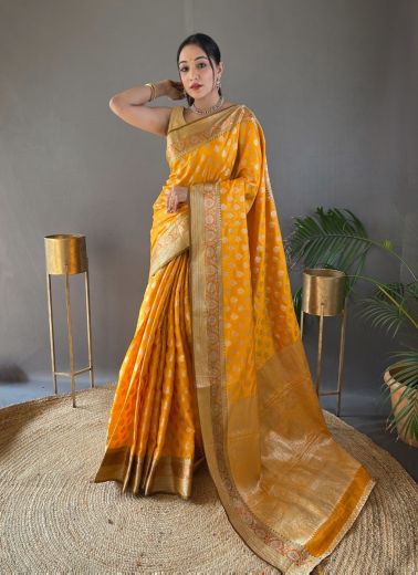Orange Banarasi Silk Woven Saree For Traditional / Religious Occasions