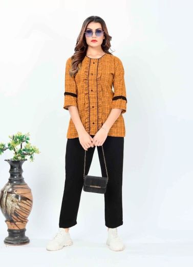 Dark Orange Cotton Weaving College-Wear Readymade Short Top