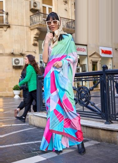 Multicolor Silk Crape Digitally Printed Party-Wear Vibrant Saree